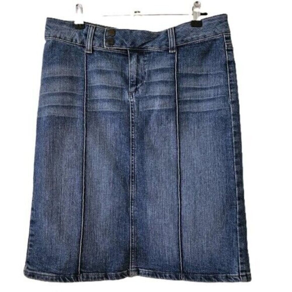 Mavi Ariana Denim Skirt US S Blue Pintuck Midi Back Slit Zip Fly Stretch Preppy